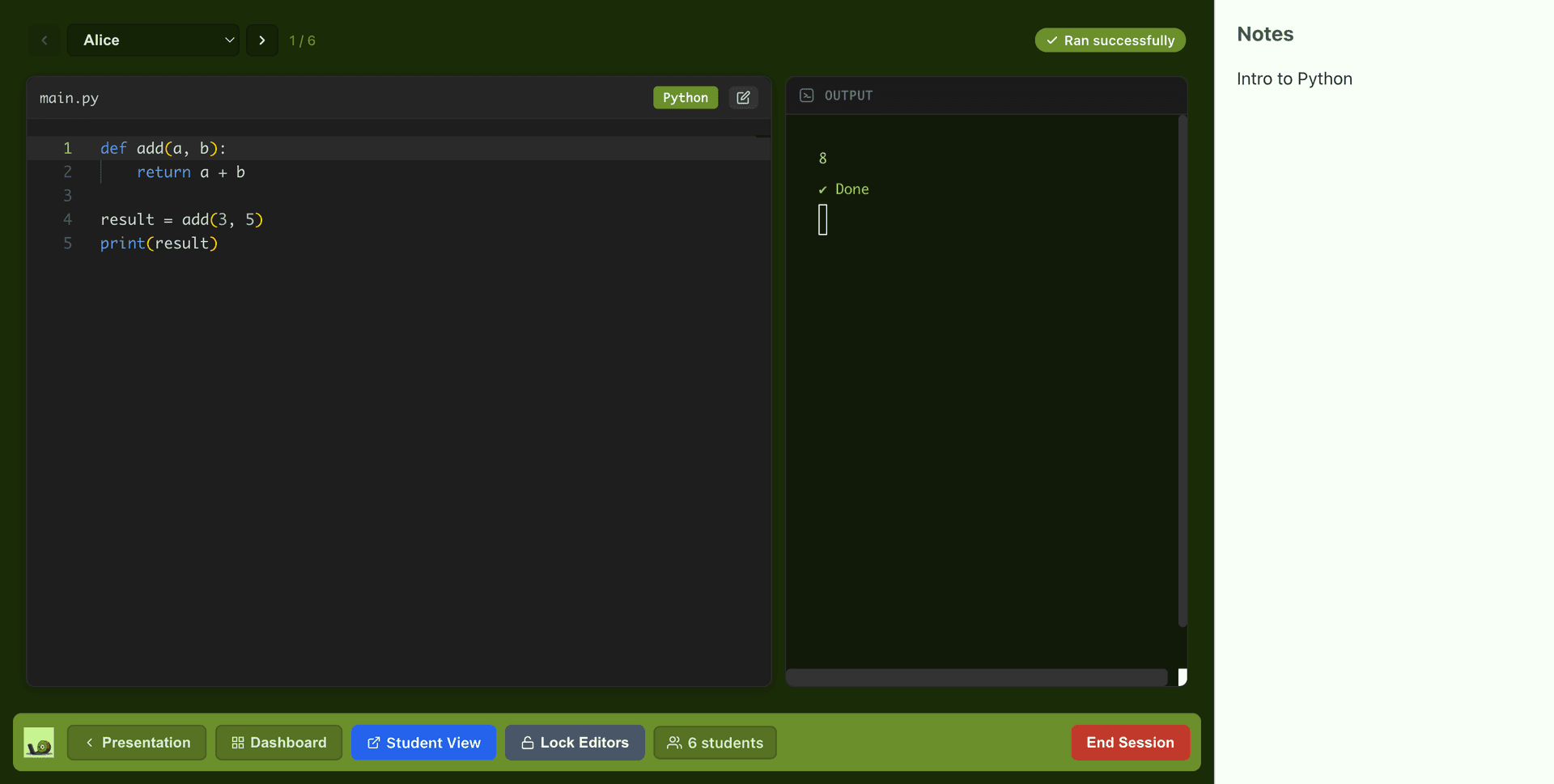 CodeKiwi teacher editing a student's code directly