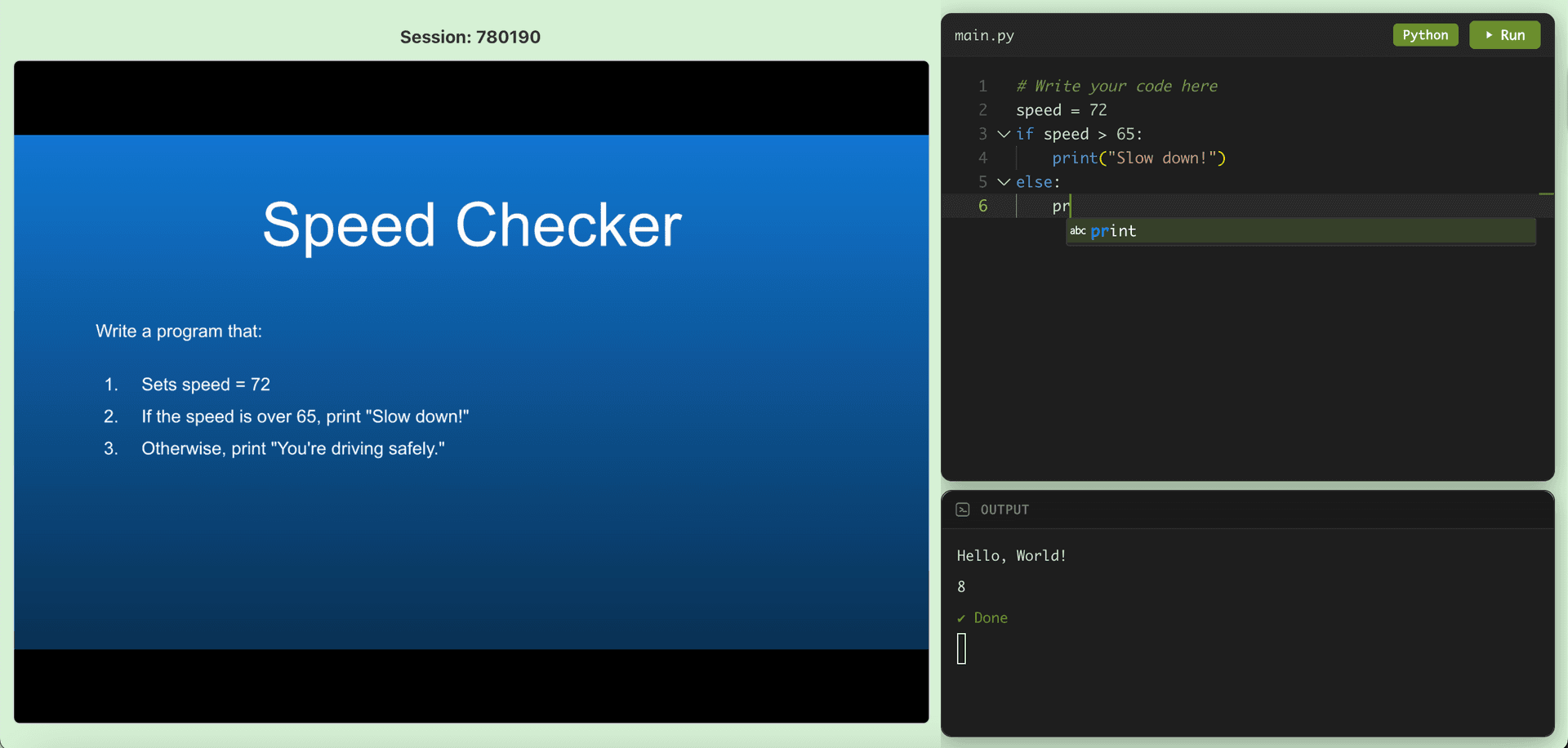 CodeKiwi student split-screen view with slides and code editor